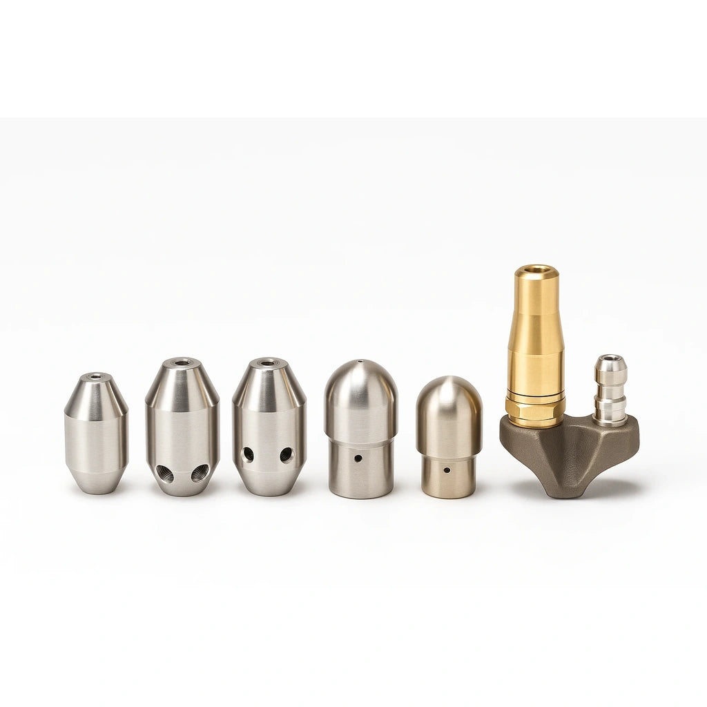 Ensemble de buses haute pression 1/4’’ en inox et laiton – modèles rotatifs, pénétrants et à jets arrière pour débouchage et assainissement